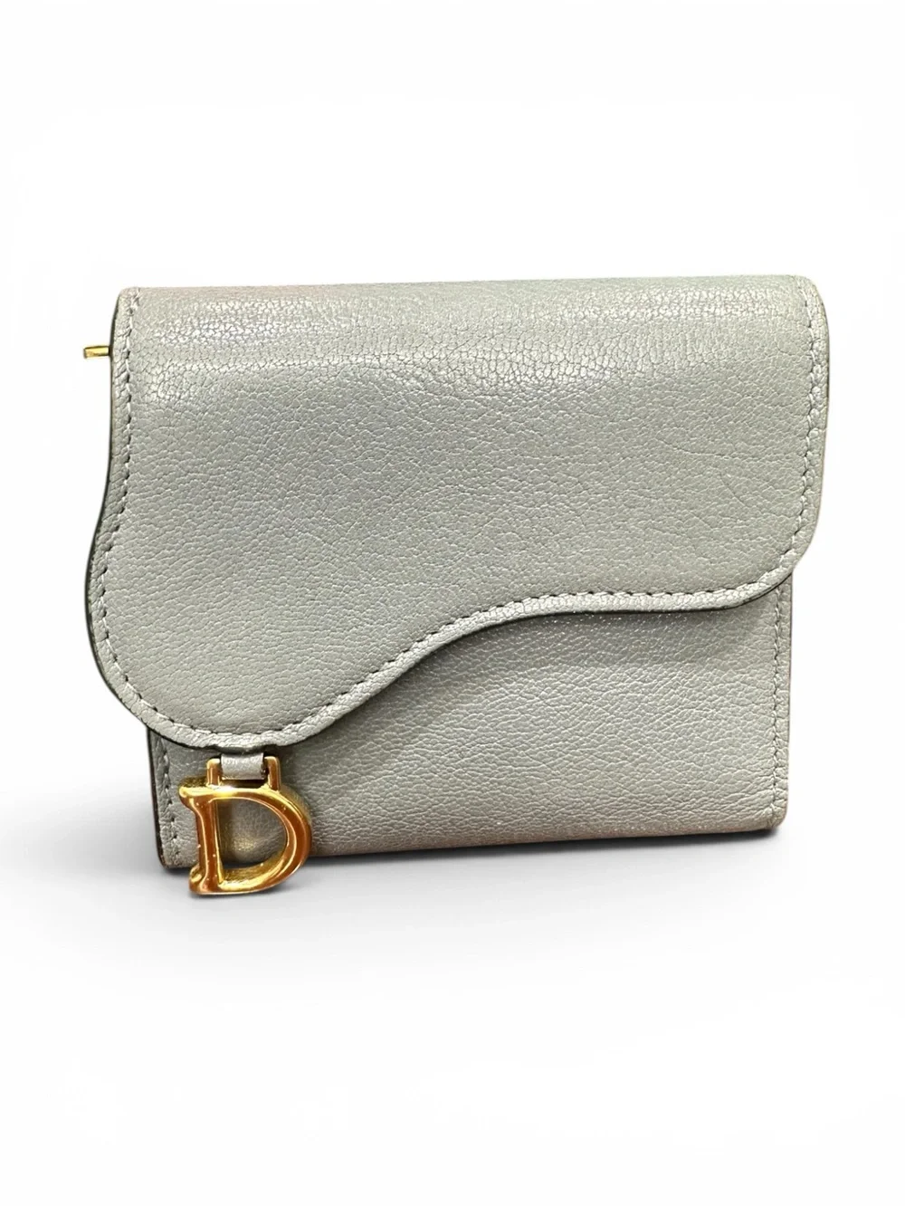 Christian Dior Saddle Lotus Wallet Gray Calfskin Gold D Hardware Compact Wallet