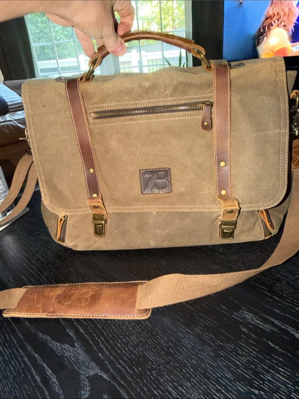 Brand brown green Canvas rugged briefcase with Leather Trim