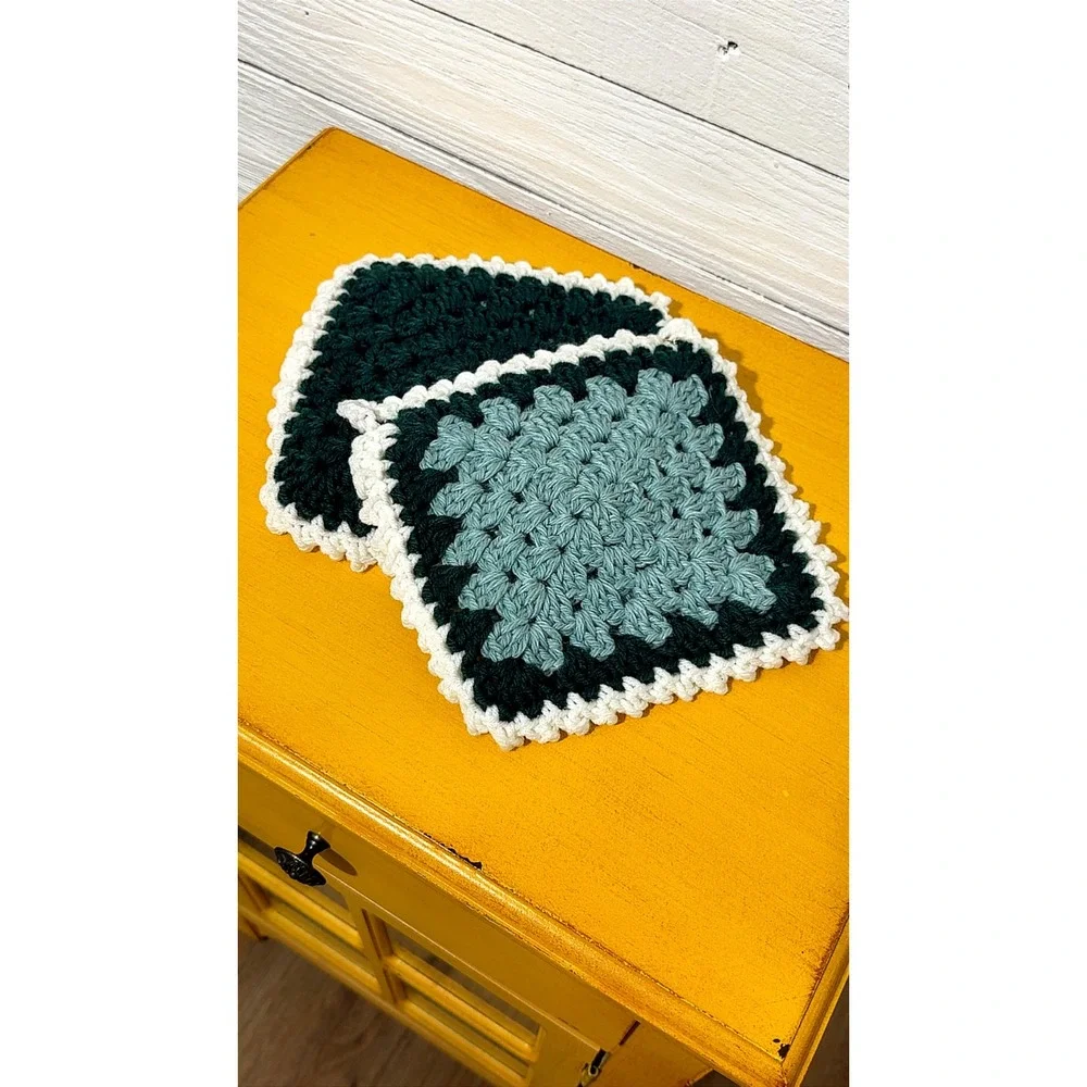 Handmade Crochet Pot Holders Set of 2 Granny Square Teal Green Cottagecore