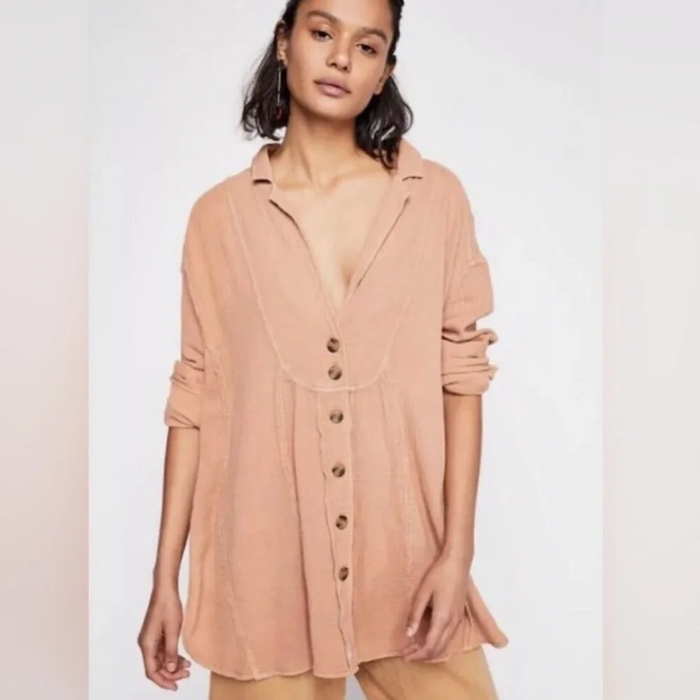 Free People All About The Feels Apricot Button-Down Shirt