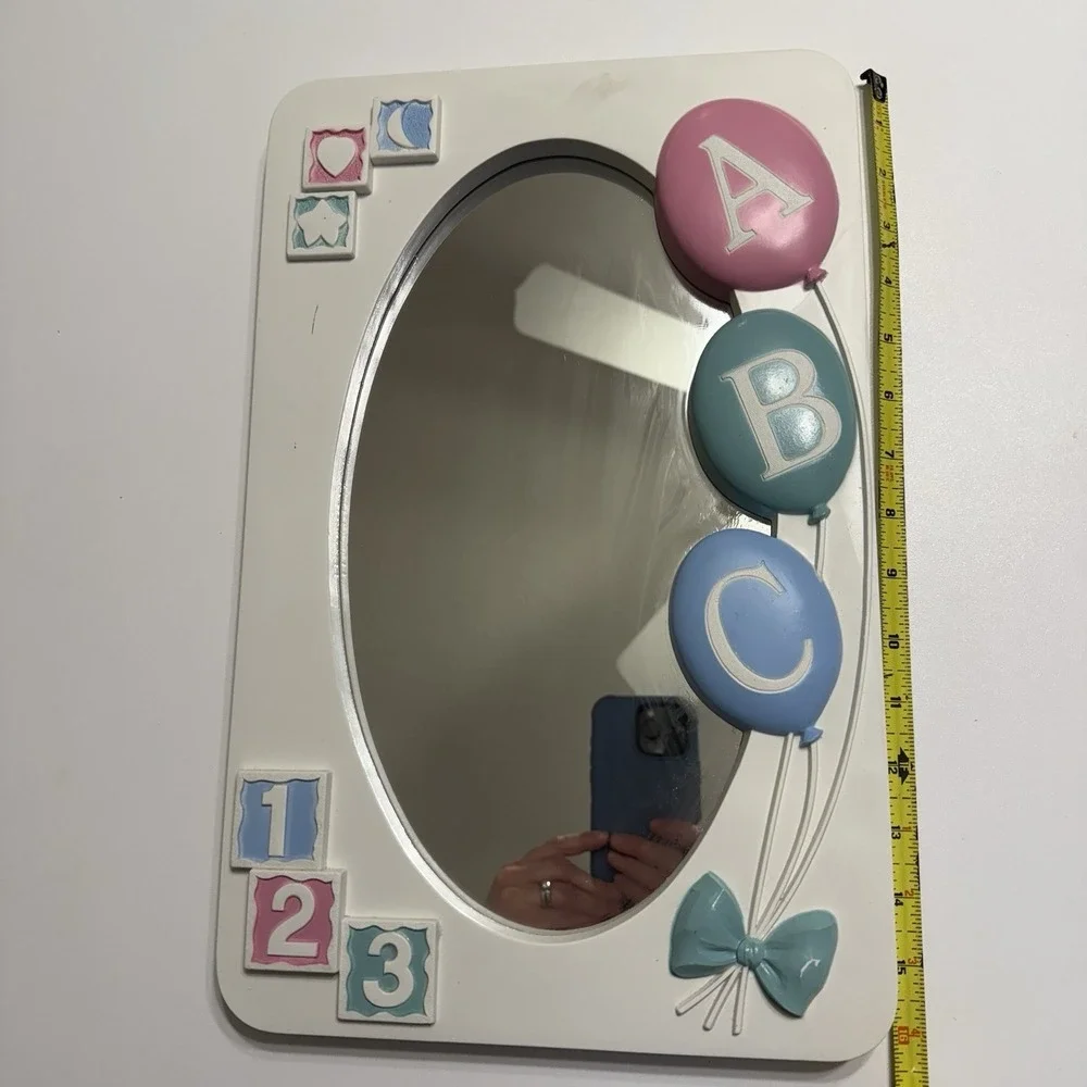 Homco Mirror Baby Nursery Decor ABC White‎ Blue Pink Bow Balloons Pastel Cottage