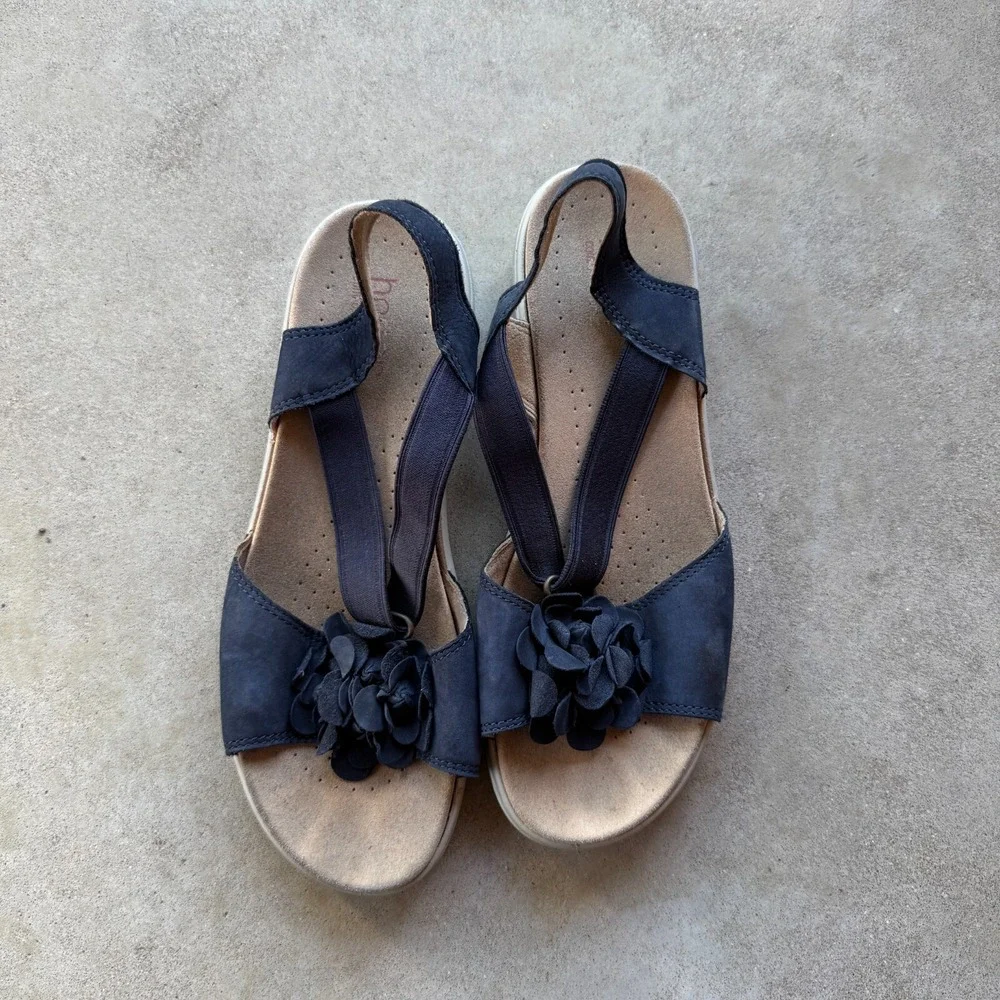 Hotter Hannah Sandals Womens‎ Size 9.5 Navy Floral Detail Suede Slip On Casual