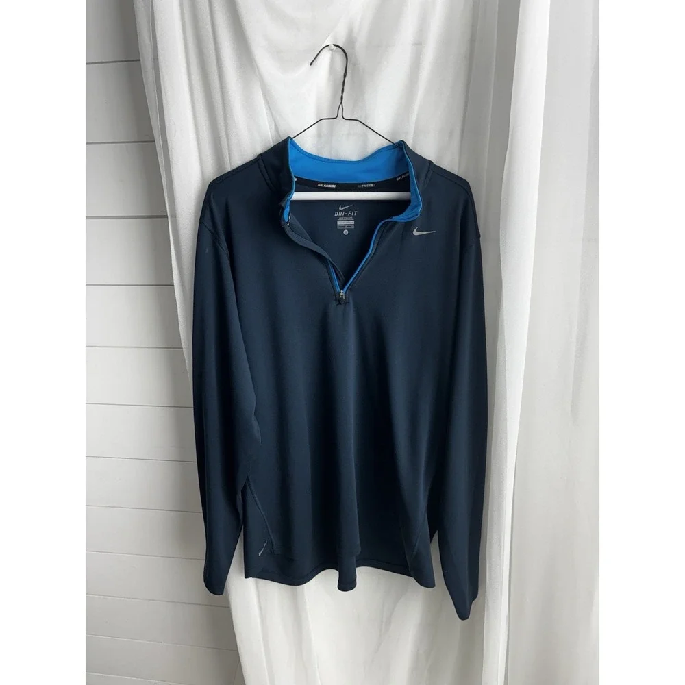 Men's Nike Running Dri Fit 1/4‎ Zip Pullover Shirt Size Large XL Navy Blue 0464
