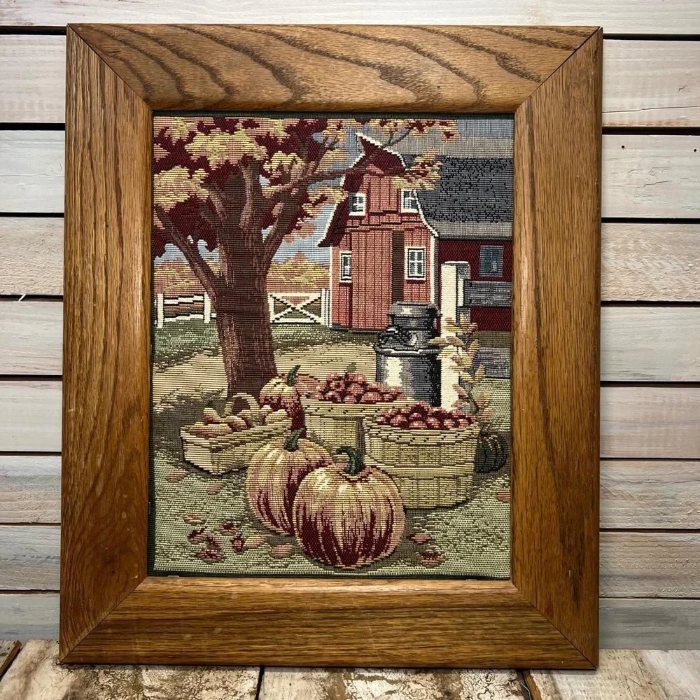 Vintage Harvest Woven Tapestry Framed Farm Barn Autumn Fall Decor CottageCore