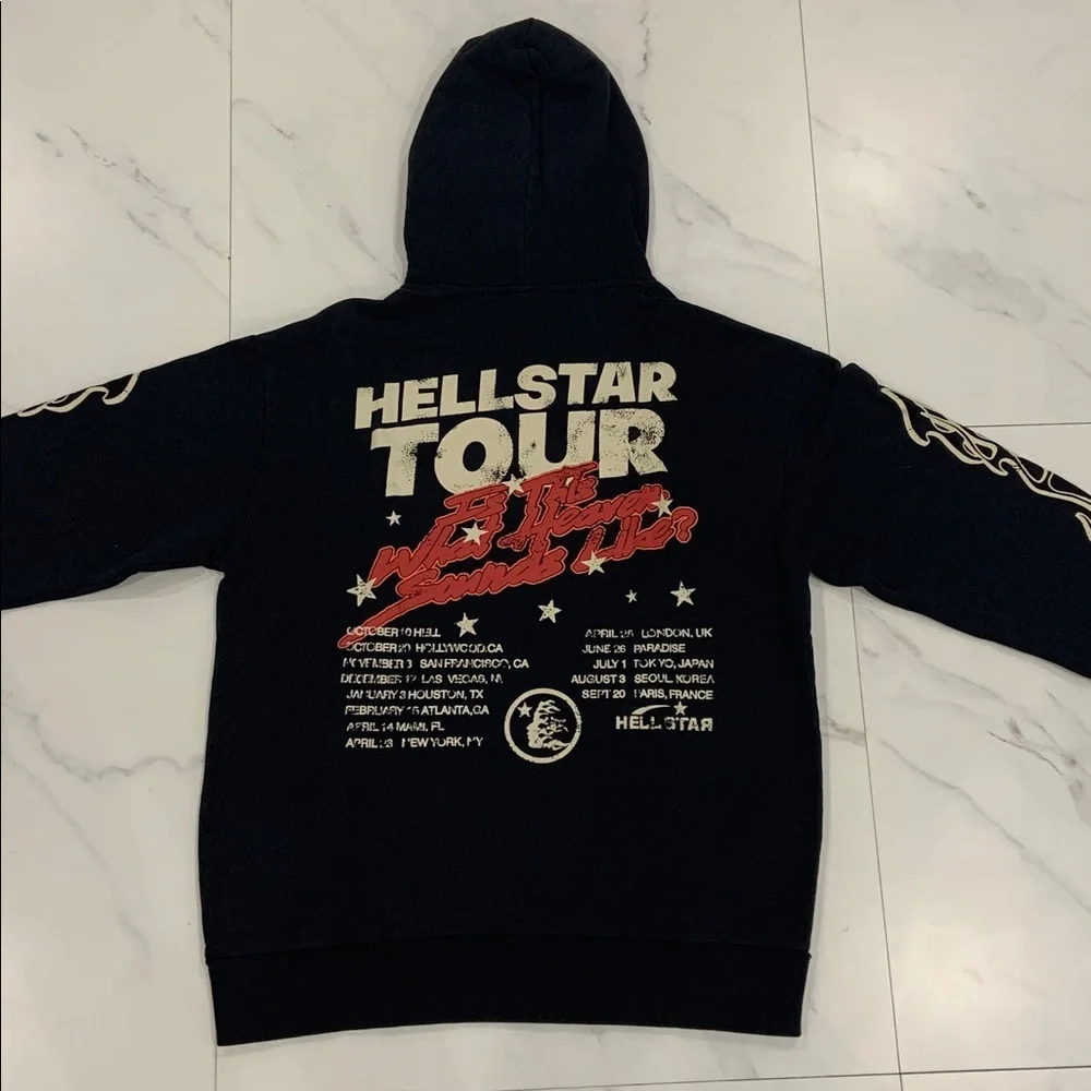 Hellstar Records Red Flames Black Hoodie Pullover Mens Size Large