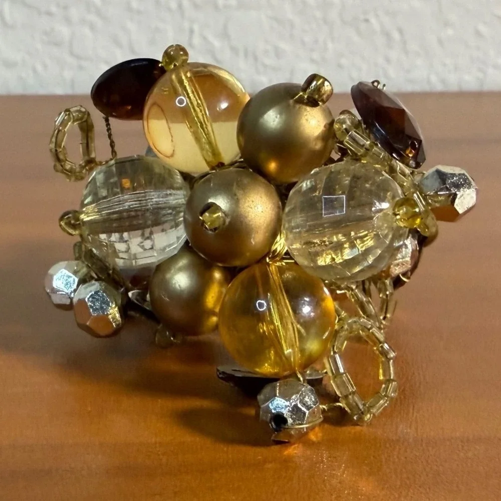 Set of 8 Beaded Napkin Rings Gold Amber Clear Glass Cluster Table Decor 1.5in