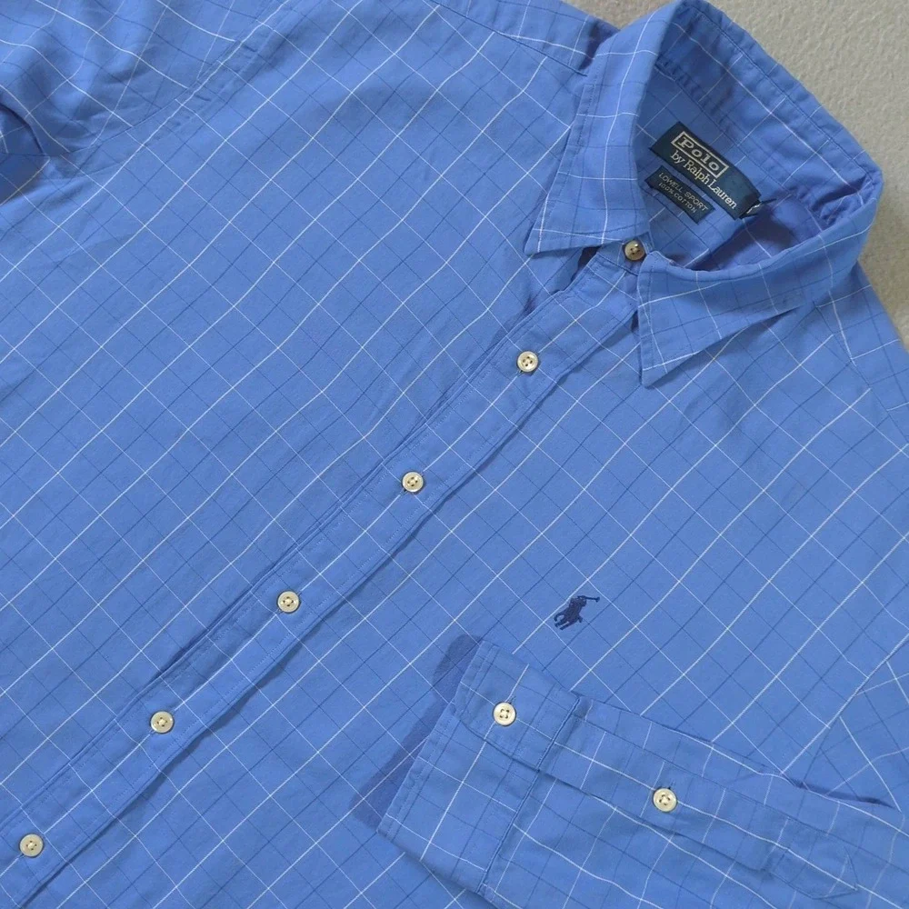 Polo Ralph Lauren Lowell Sport Shirt Mens Large Blue‎ Windowpane Check Cotton
