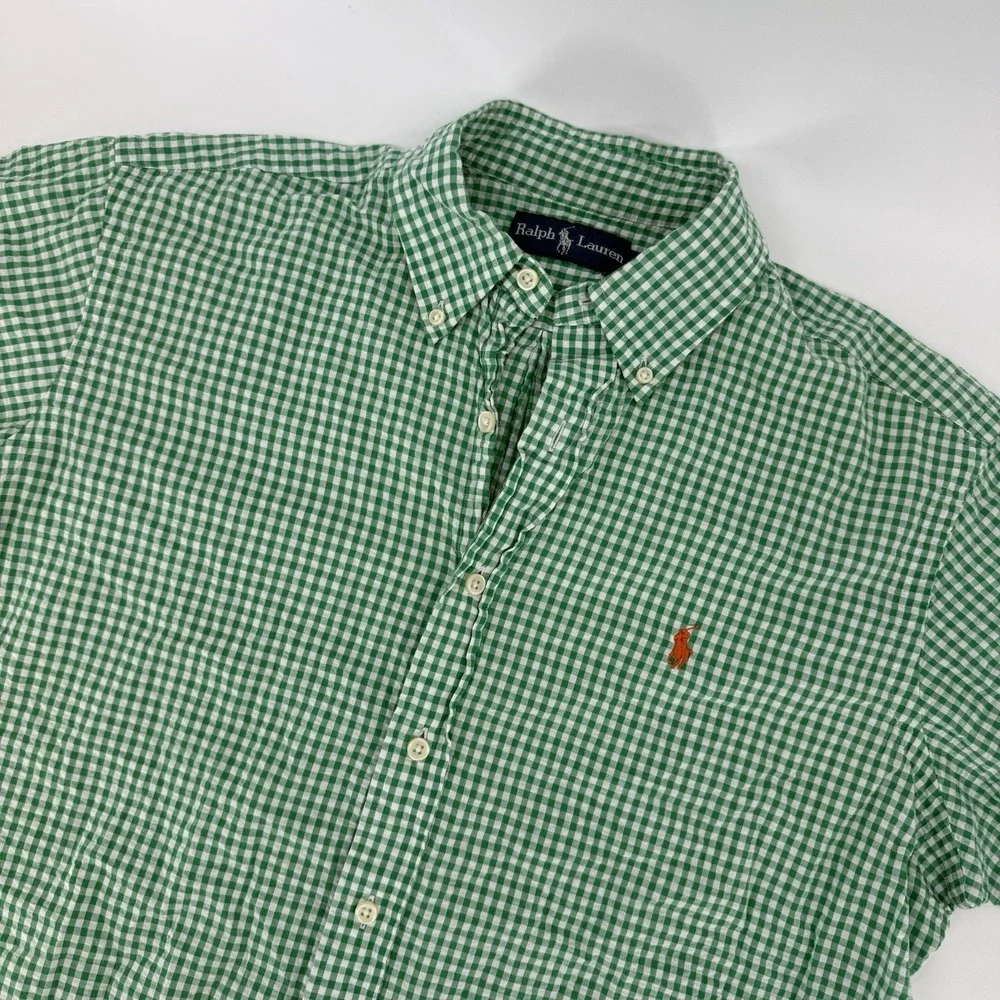 Polo Ralph Lauren Men 100% Cotton Long Sleeve Shirt Size L Gingham‎ Green Preppy