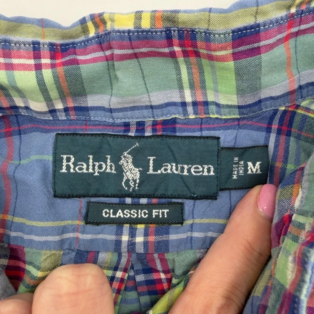 Polo Ralph Lauren Button Down Medium Blue Multi Plaid Classic Fit Short Sleeve