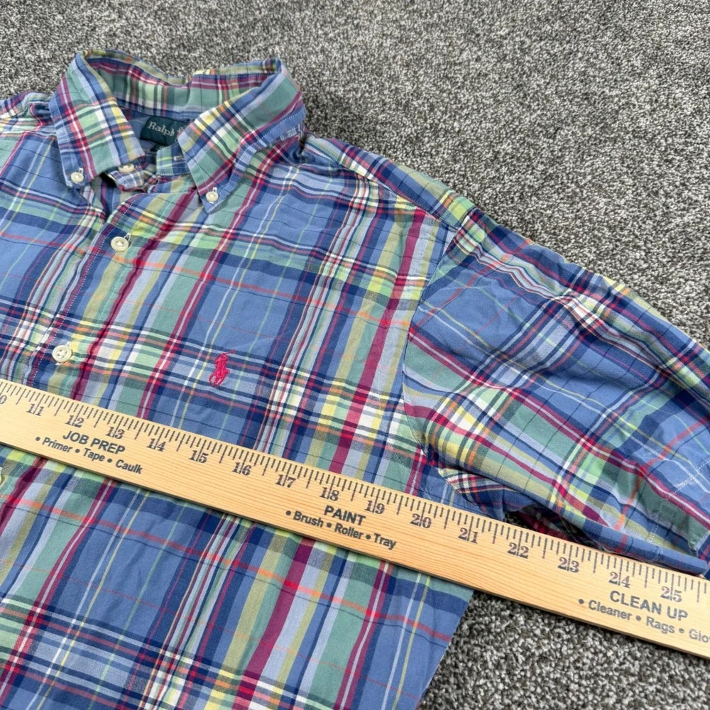 Polo Ralph Lauren Button Down Medium Blue Multi Plaid Classic Fit Short Sleeve