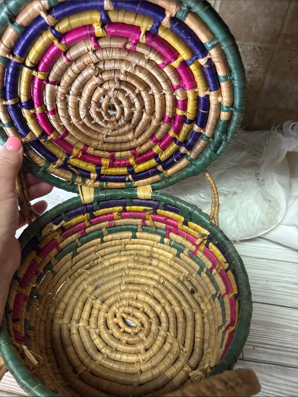 Boho Woven Basket Colorful with handles Sewing Storage Home Decor Dining