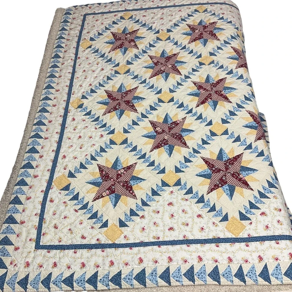 Vtg Hand Quilted‎ Star Quilt 80x82 Americana Farmhouse Cottage Cotton Bedspread