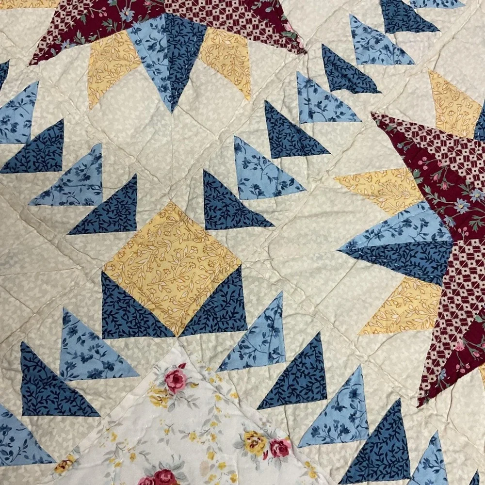 Vtg Hand Quilted‎ Star Quilt 80x82 Americana Farmhouse Cottage Cotton Bedspread