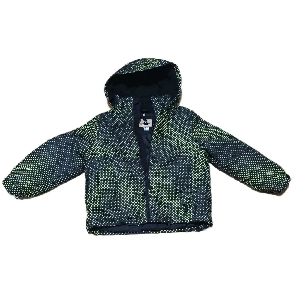 Roebuck & Co Kids Puffer‎ Jacket Neon Green Black Geometric Zip Hooded Coat Sz 7