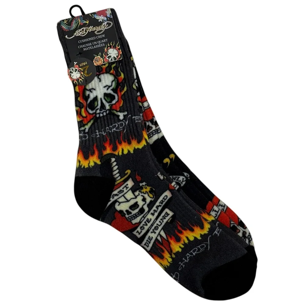 Ed‎ Hardy Crew Socks Men One Size Black New 2 Pair Skull Flame Tattoo Graphic