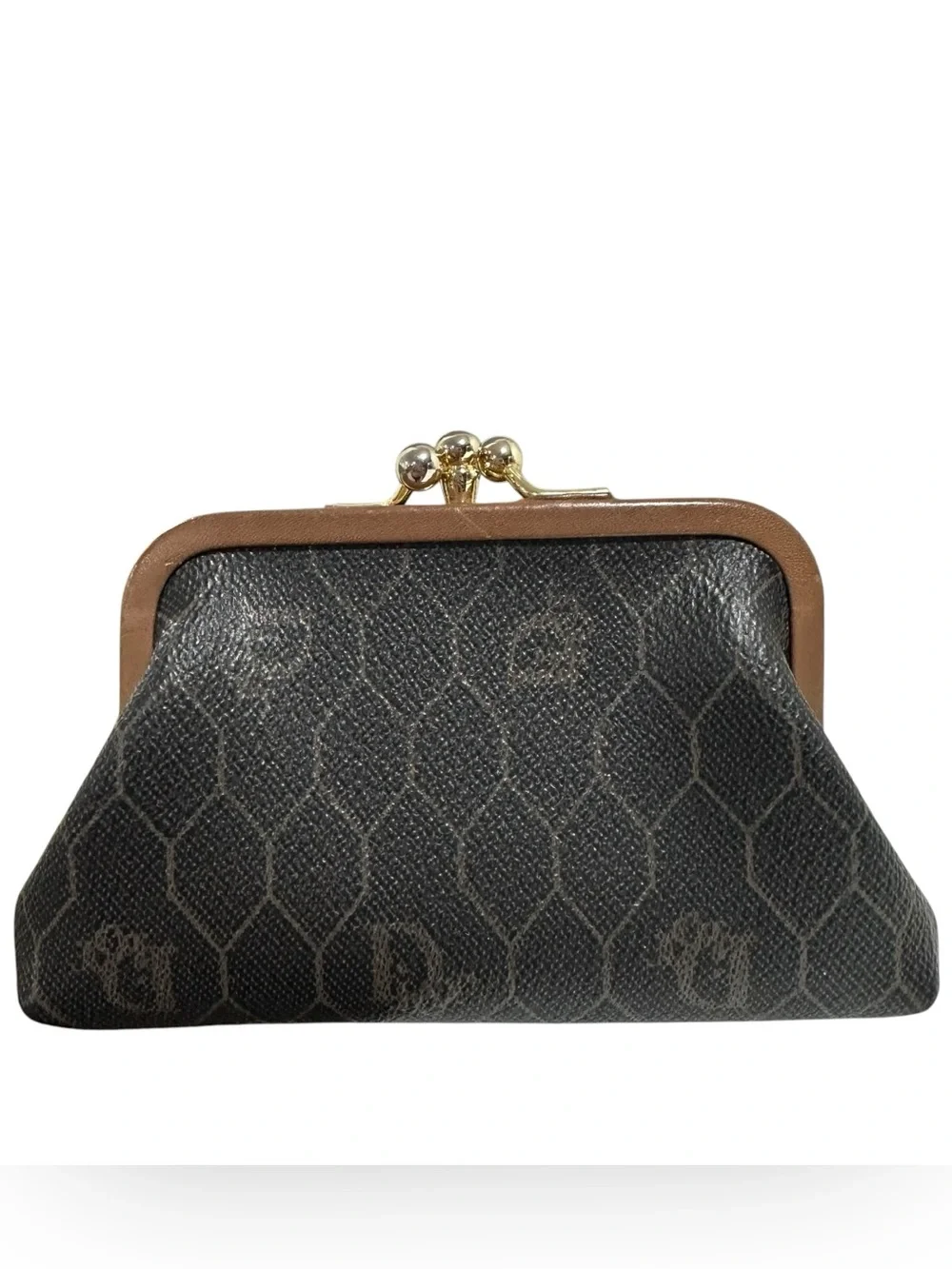 Dior Honeycomb Vintage Black & Tan Leather Kisslock Card & Coin Case
