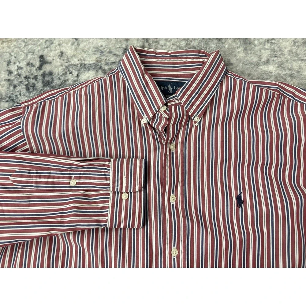 Polo Ralph Lauren Mens L 16.5 34/35 Yarmouth Red Blue Striped‎ Long Sleeve Shirt