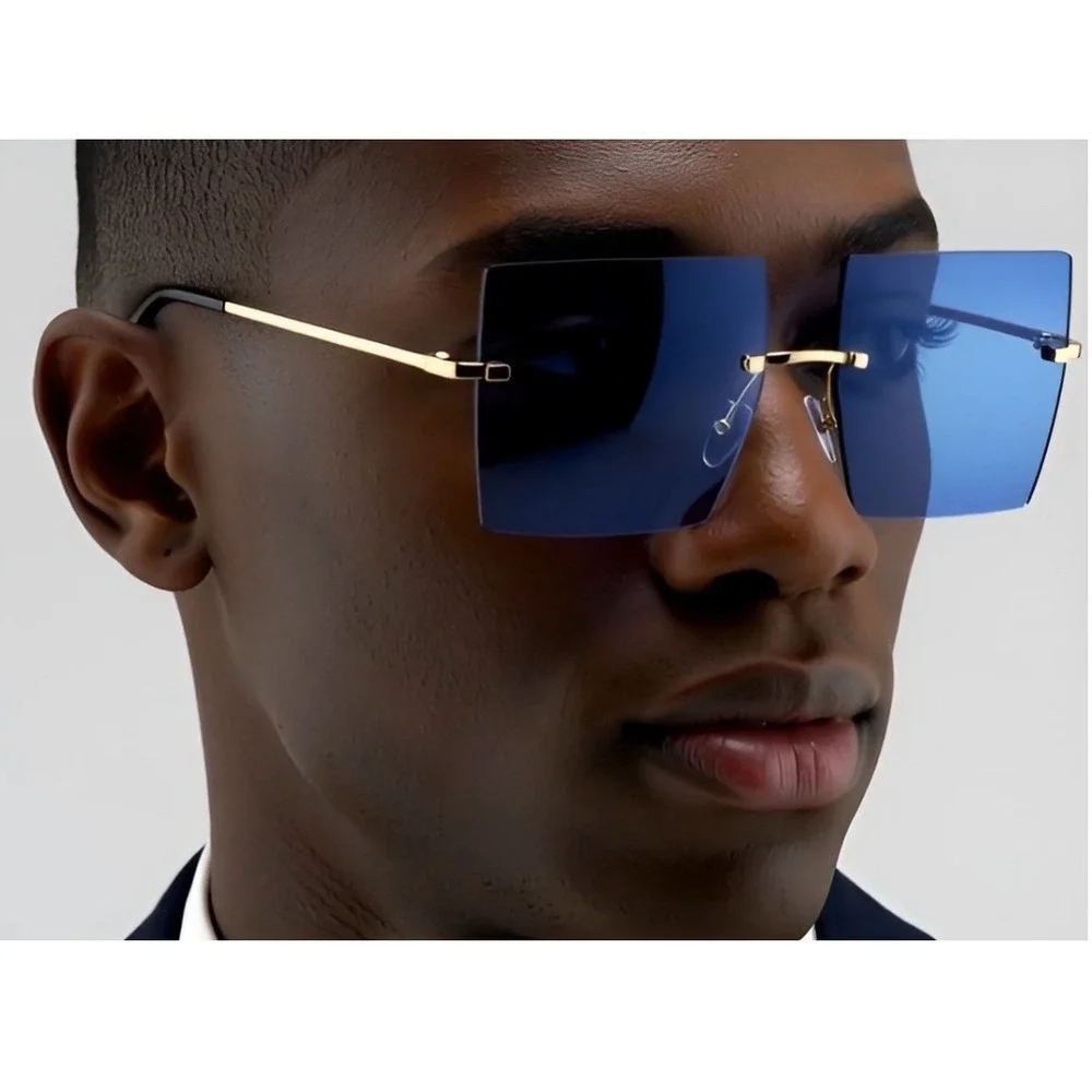 Rimless Sunglasses Square Blue Lens Gold Accents Fashion Trendy Men‎ Sun Glasses