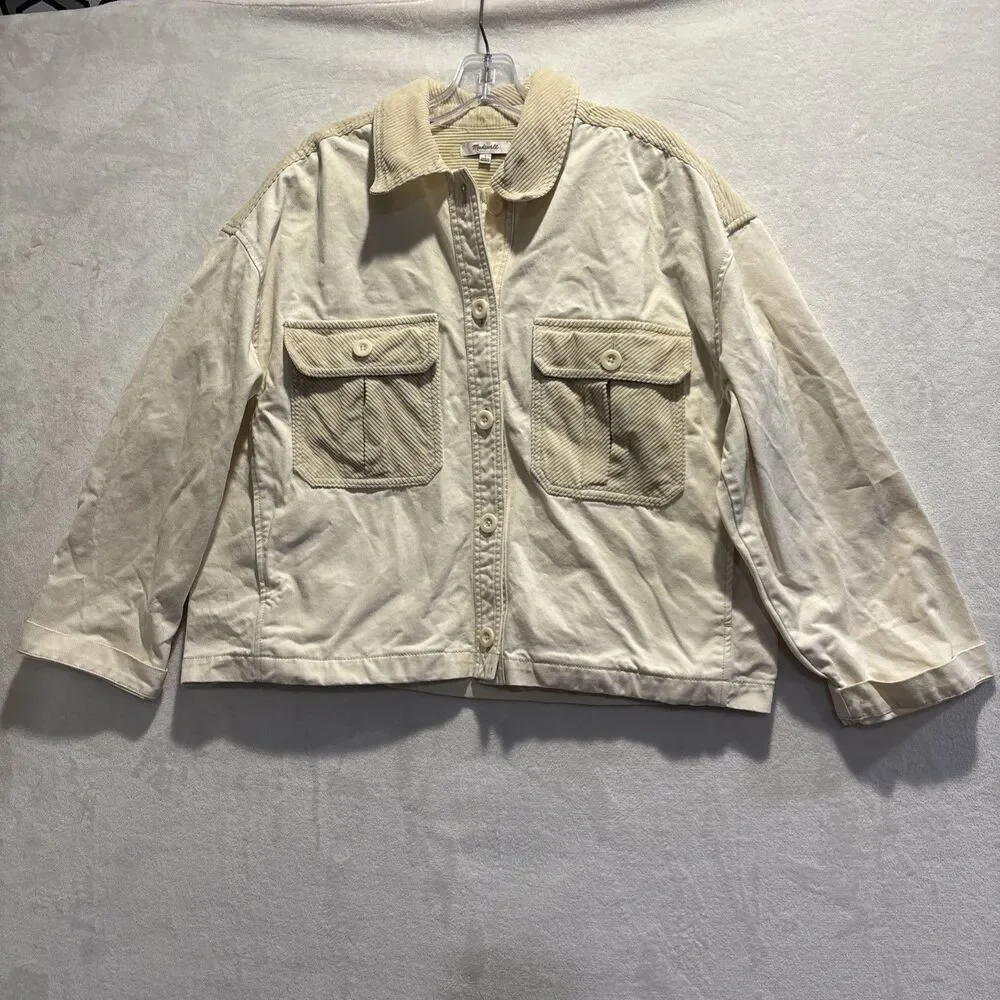 Madewell Women’s Cotton Chino Boxy Shirt Jacket Natural Size Large Elbow Patches