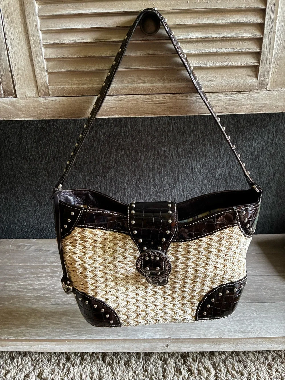 Vintage Brighton Woven Tan Straw Shoulder Bag With Paten Leather Croc Embossed