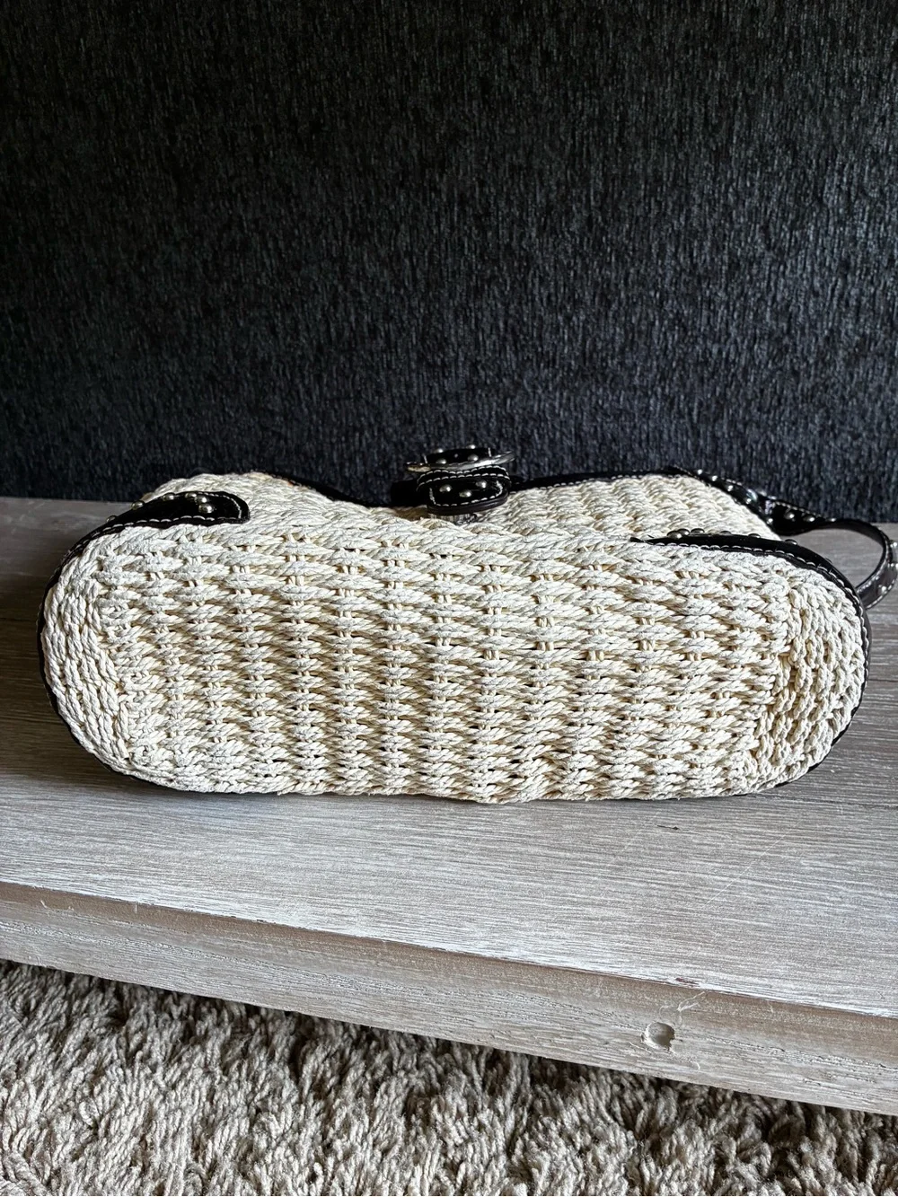 Vintage Brighton Woven Tan Straw Shoulder Bag With Paten Leather Croc Embossed