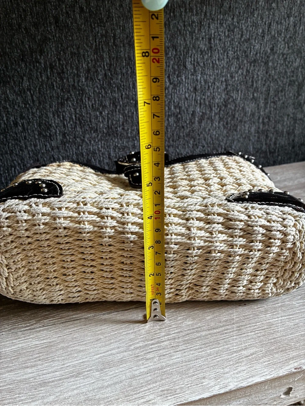Vintage Brighton Woven Tan Straw Shoulder Bag With Paten Leather Croc Embossed