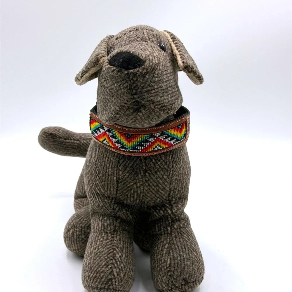 Myra Bag Southwestern Beaded Leather Dog Collar Brown Basketweave Small 10-14in