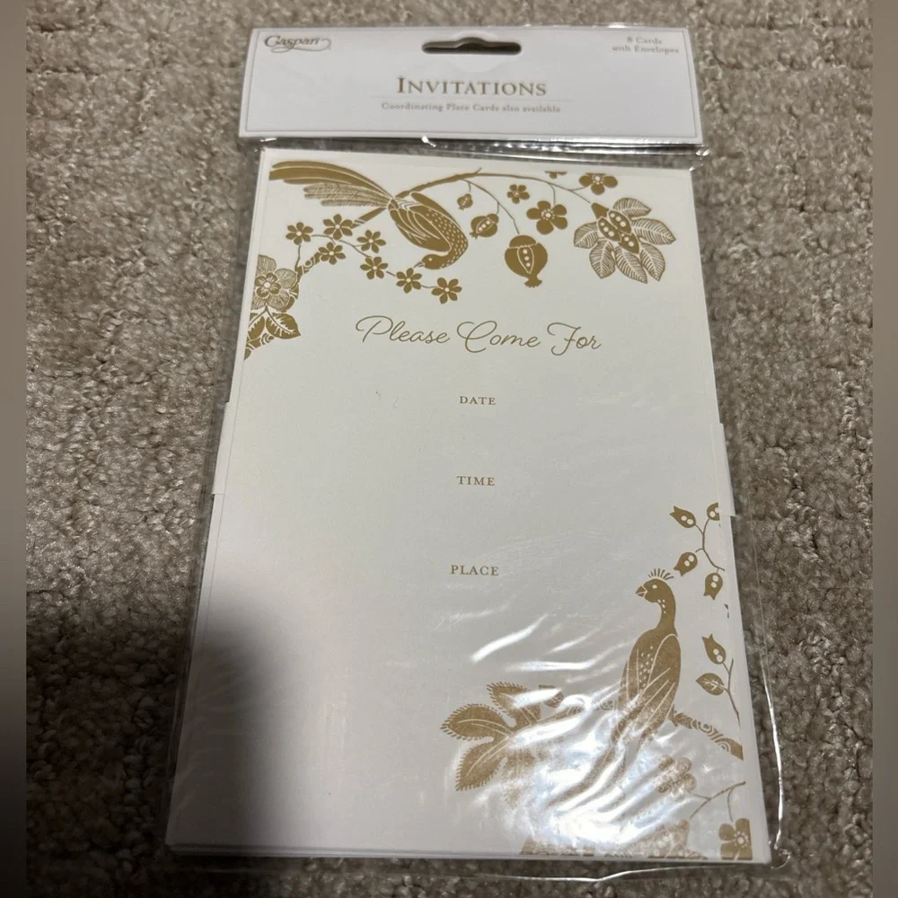 Caspari Invitations 8 Cards W Envelopes Gold Peacocks