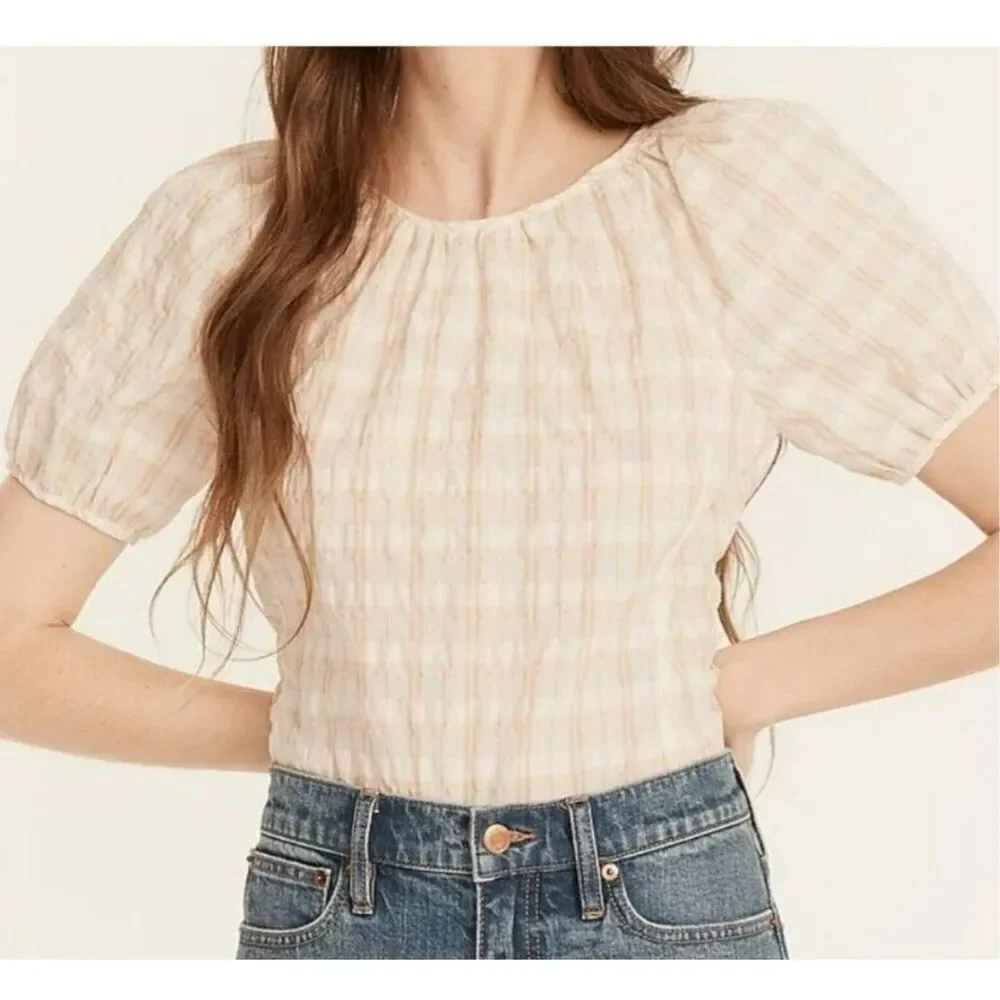J Crew Women's V Back Puff Sleeve Textured Plaid Top Blouse Size 2 NWOT