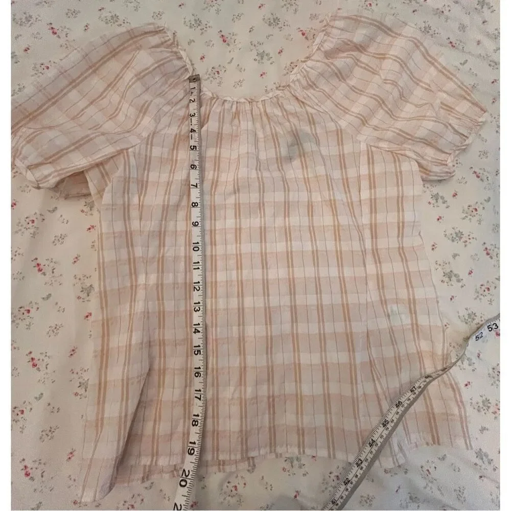 J Crew Women's V Back Puff Sleeve Textured Plaid Top Blouse Size 2 NWOT