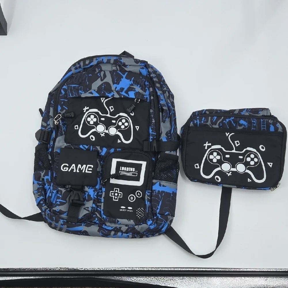 Blue and Black Gaming Backpack Set with Controller Design Glow In The Dark NWOT