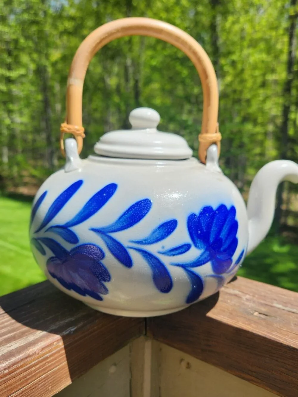Salmon Falls Stoneware Teapot 1999 Blue Pennsylvania Penn Bamboo Handle Dover NH