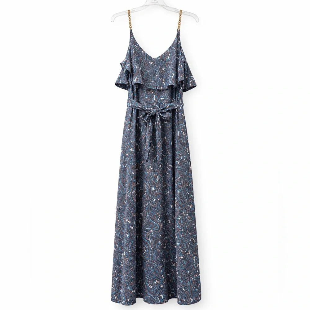 Michael Michael Kors Paisley Maxi‎ Dress w/ Gold Chain Straps Ruffle Size: L
