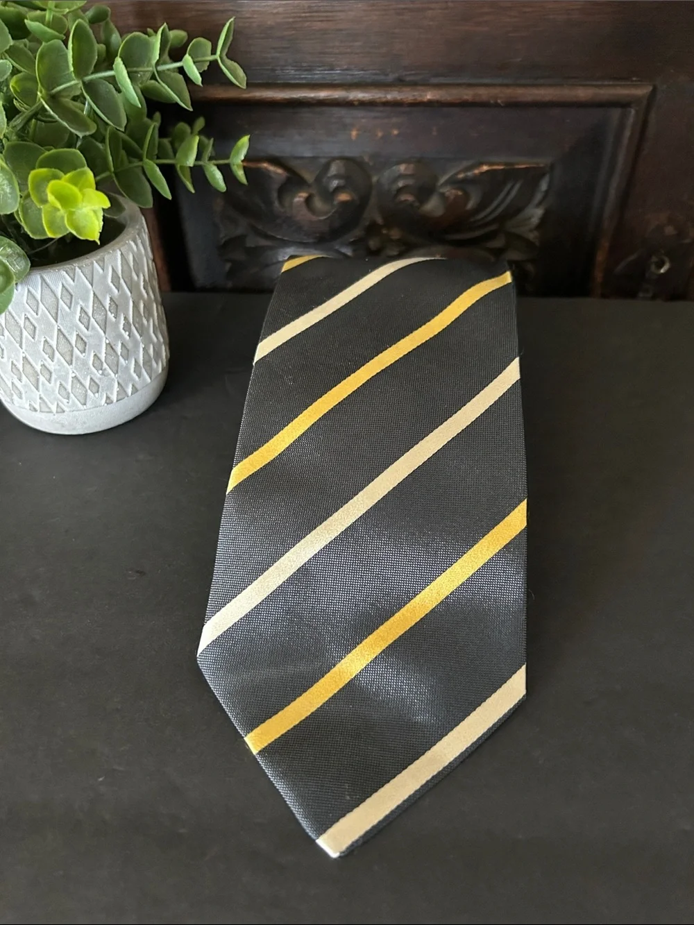 Ermenegildo Zegna Black Tie with Yellow and Cream Stripes