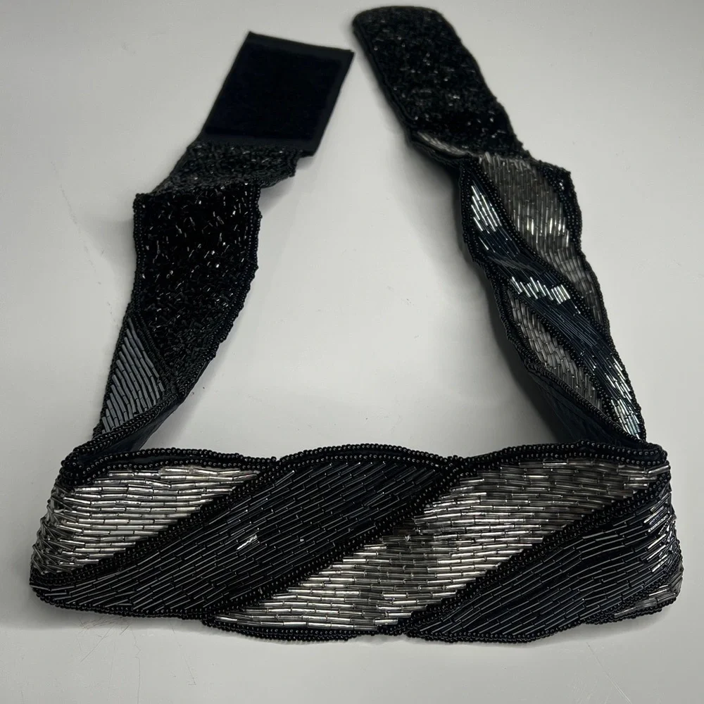 Beaded Sz L Black Silver Bugle Beaded Velcro Adjustable Belt