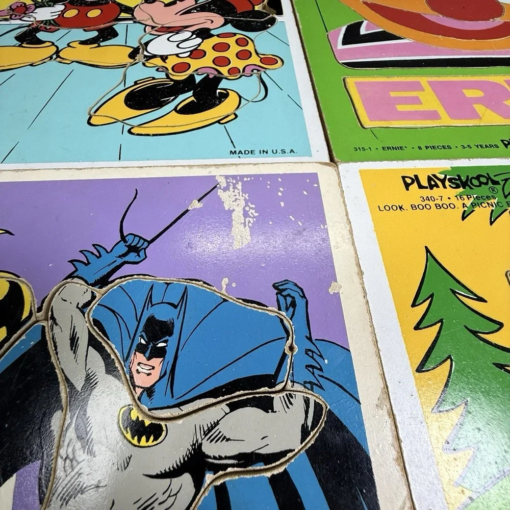 Playskool Wood Puzzles Sesame Street Yogi Batman Mickey Vintage Lot of 4 READ