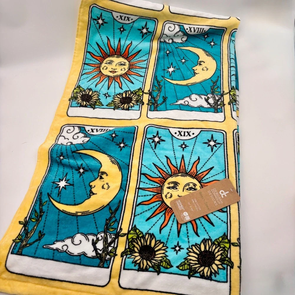 Deborah Connolly Designs Tarot Card Beach Towel Sun Moon Teal Yellow 36x68 NEW‎