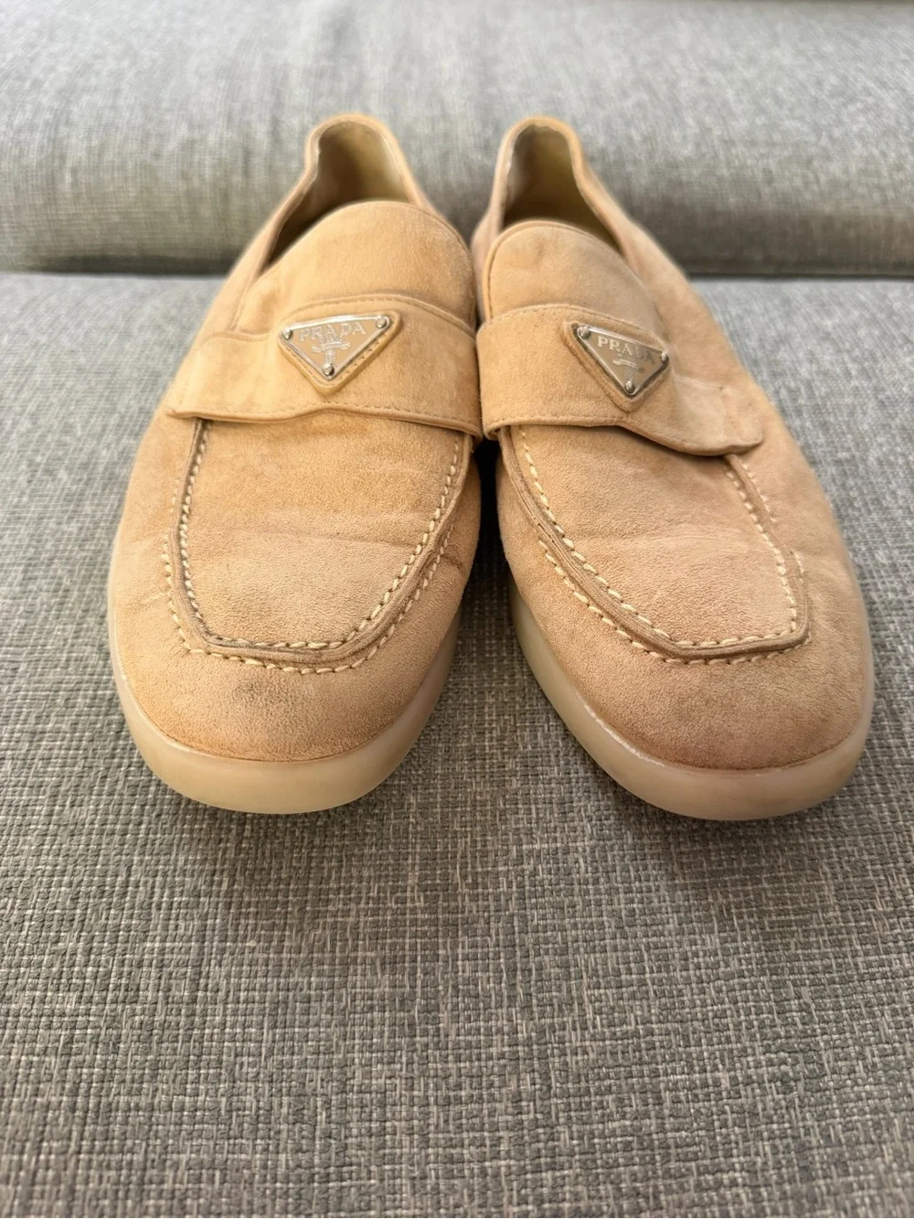 Prada Ecru Suede Loafers Metal Logo $1100