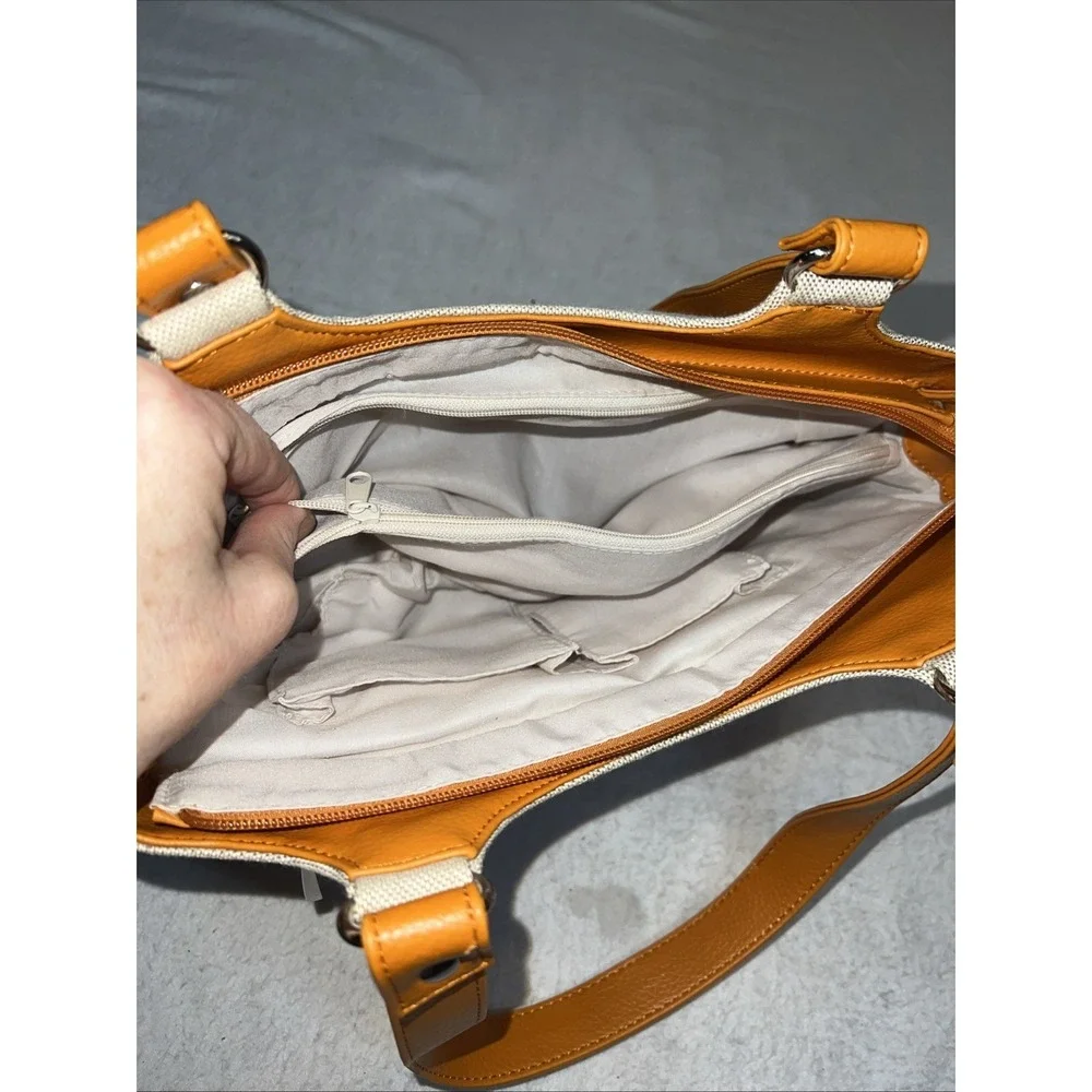 Zipper Hobo Bag Purse Pocketbook Linen Leather Orange Tan Pockets