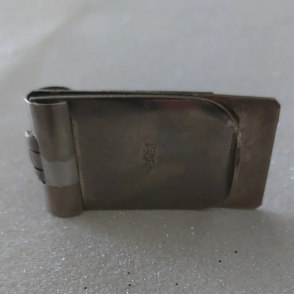 Vintage Alpaca Mexico Silver Engraved Money Clip w/inset Mother-of-Pearl/Abalone