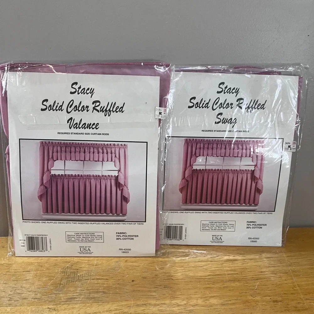 Vtg Stacy Ruffled Swag & Valance Set Raspberry Pink Cottagecore Kmart USA NEW