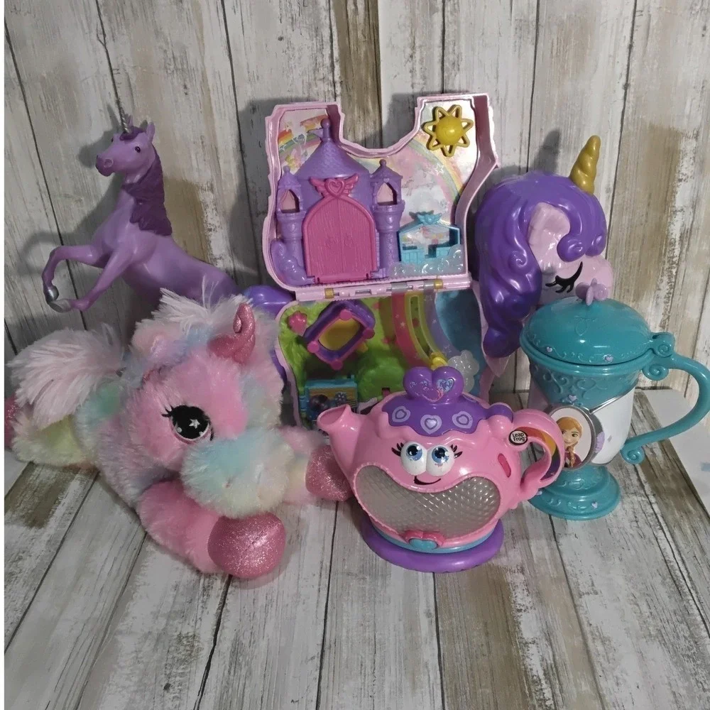 Unicorns Play Tea Set Castle Toy Lot Princess Fairy Magic Rainbow and a plushie