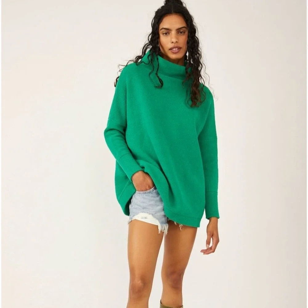 2/$30 Free People Slouchy Tunic Green Ribbed Mock Neck Oversized Sweater S