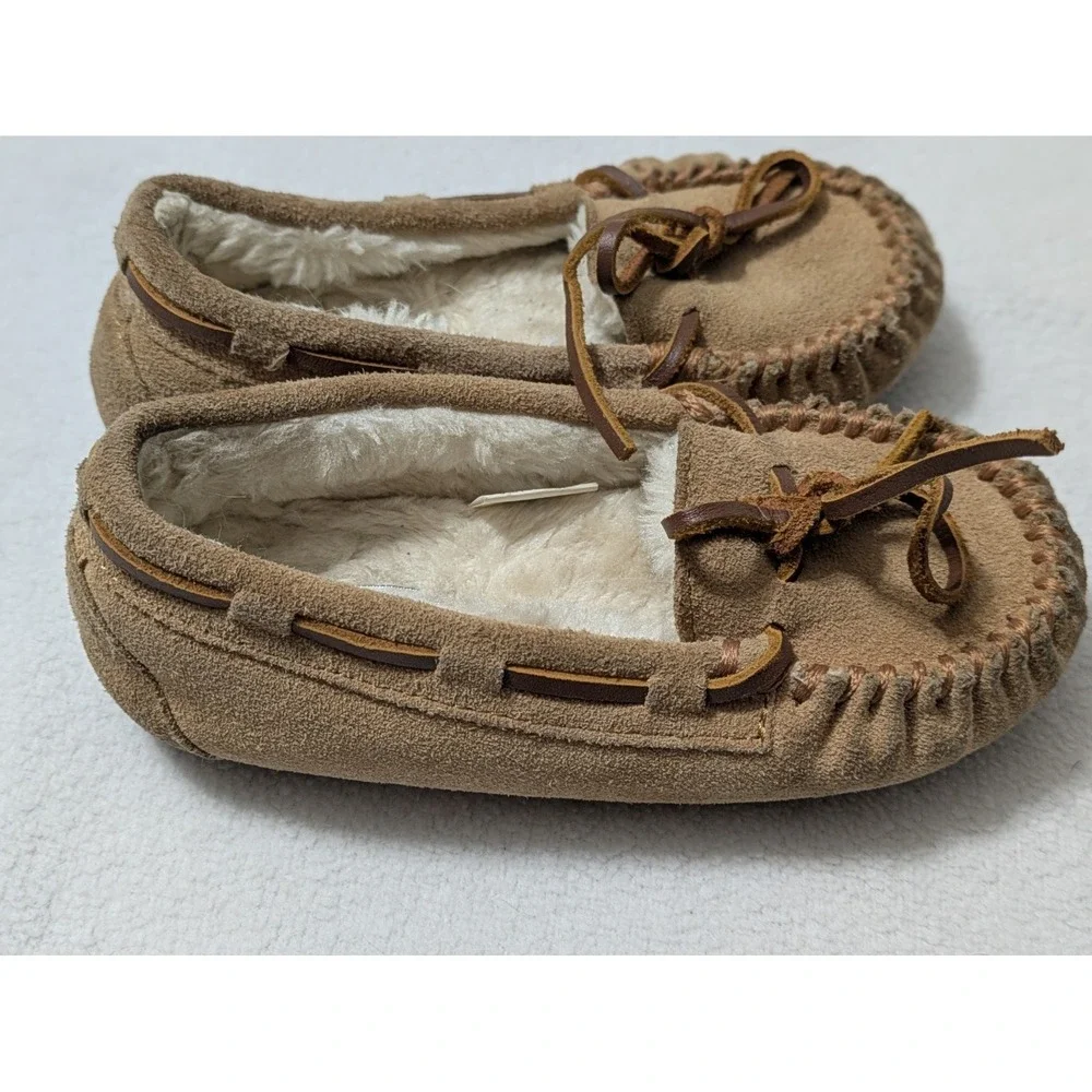 Minnetonka Moccasins Girls Suede Slippers Faux Fur Lined Kids Shoes Sz 12 Youth