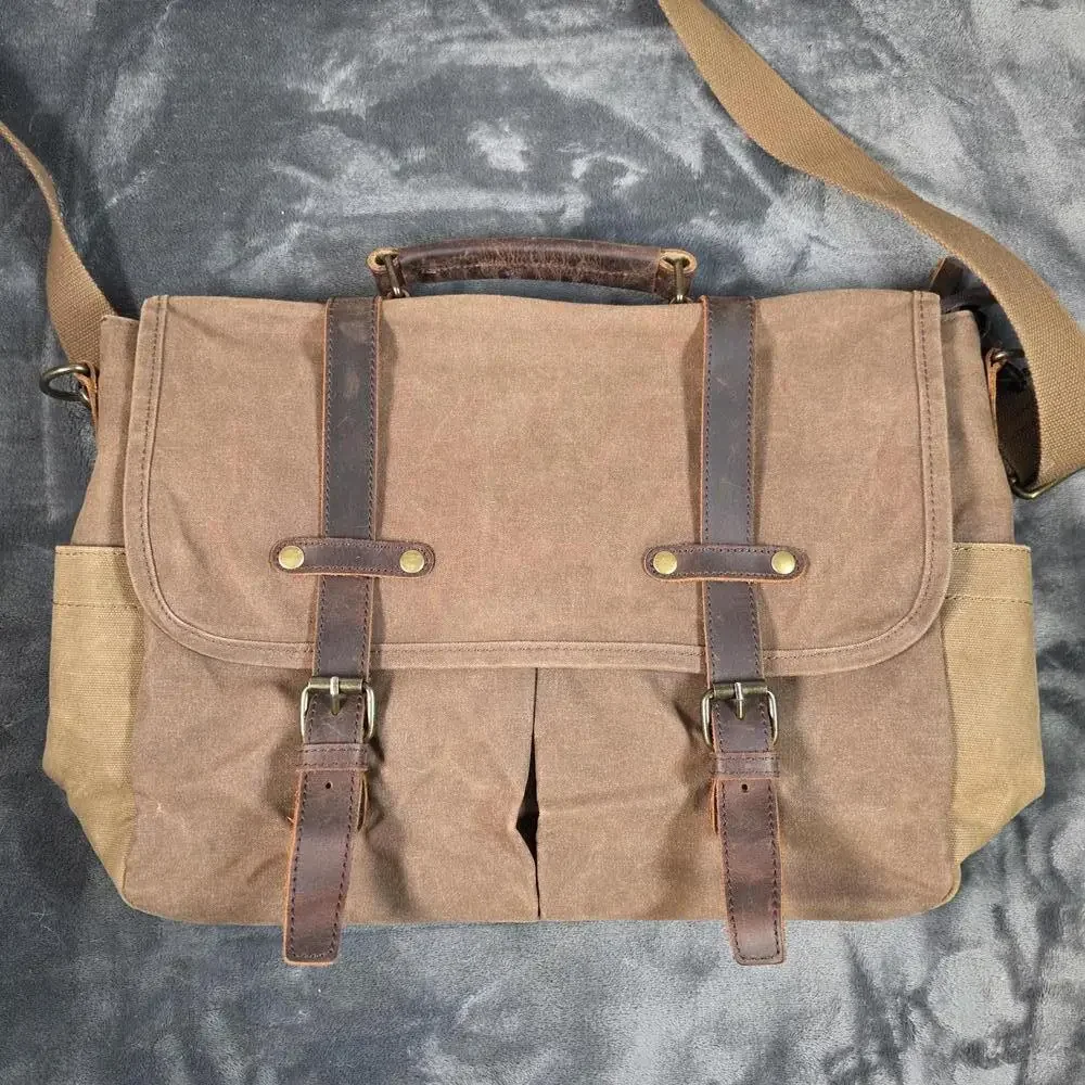 NEWHEY Messenger Bag Leather Canvas Laptop Retro Professional Shoulder Strap