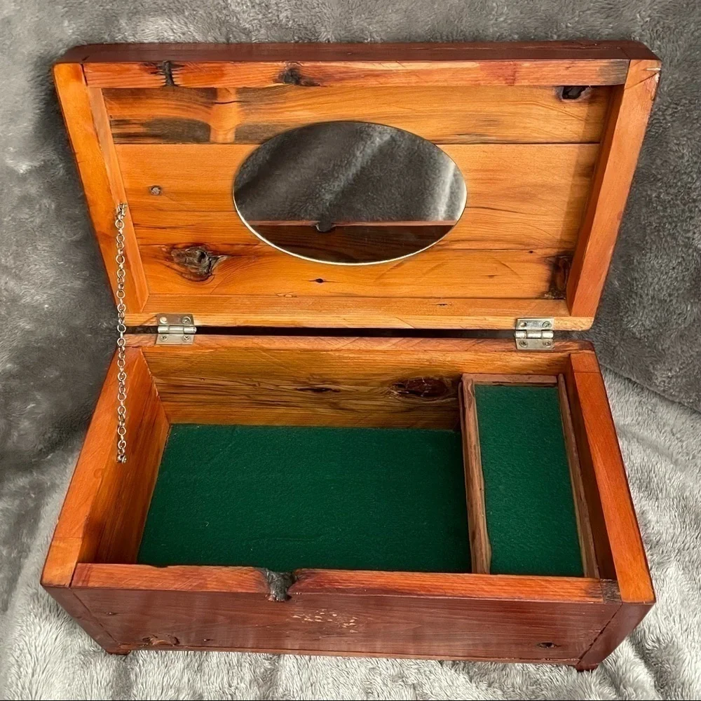 Large Handcrafted Solid Wood Jewelry Chest Mirror Lid Green Felt Lined 13
