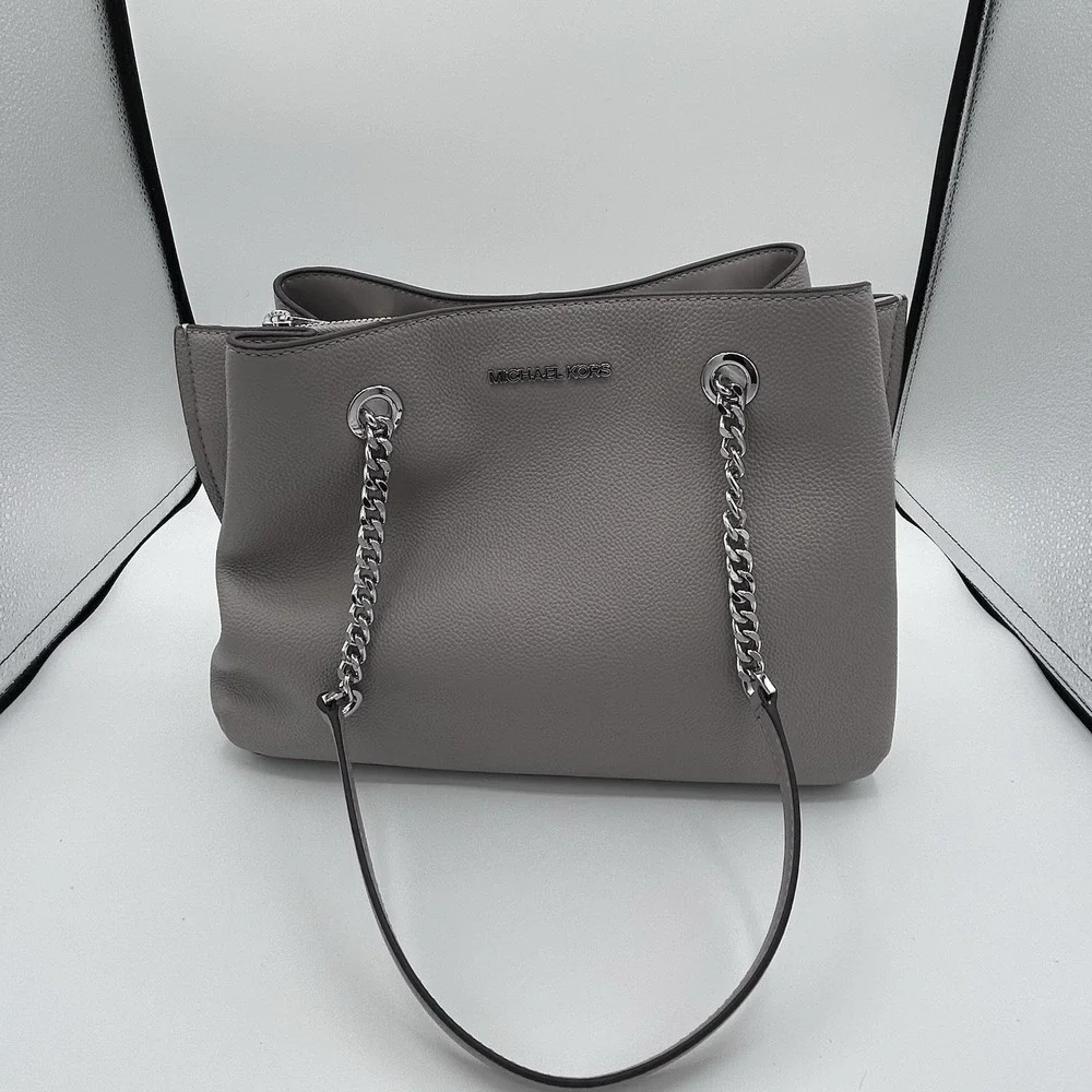Michael Kors Teagan‎ Long Drop Satchel Pearl Grey Pebbled Leather NEW MSRP $448.