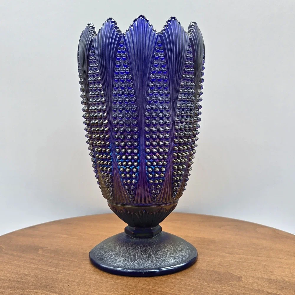 Vintage Imperial Glass Aurora Jewels‎ Cobalt Blue Carnival Vase - IG Marked