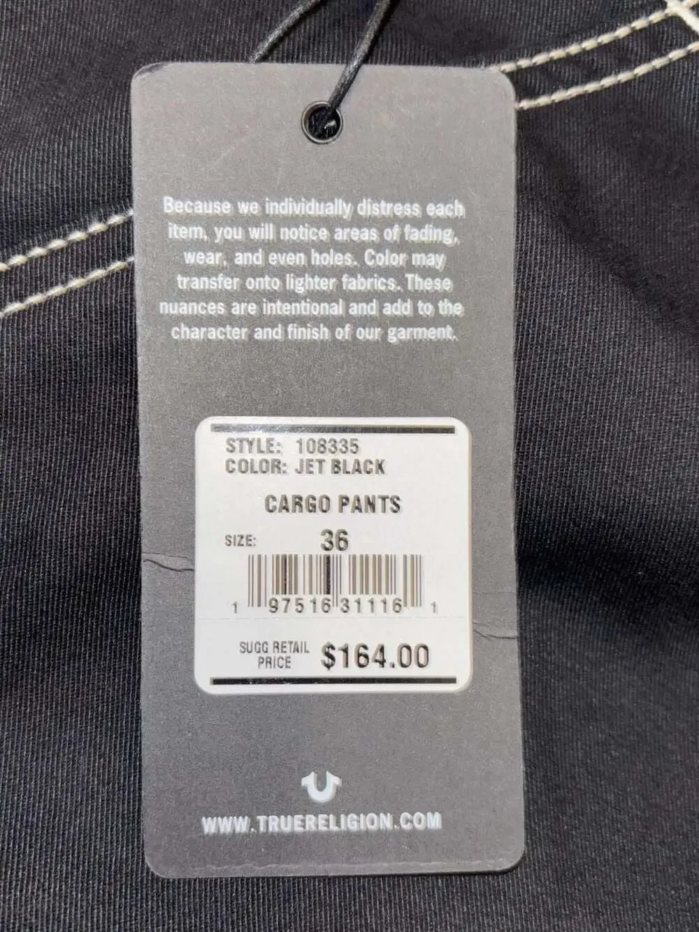 True Religion Jet Black Contrast Stitch Cargo Pants. NWT. Size 36