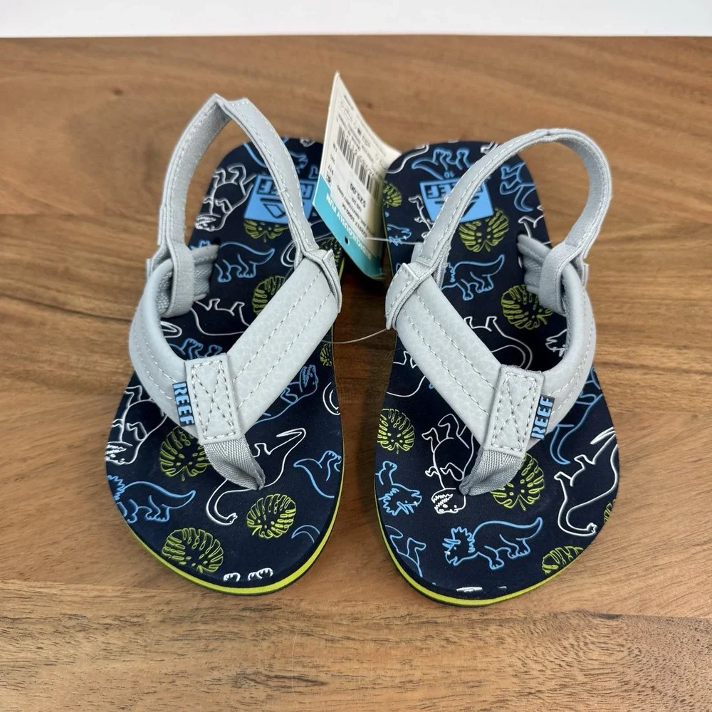 New Little Kids Reef‎ Little Ahi Slip On Water Flip Flops Blue Dinosaurs Sz 10 C